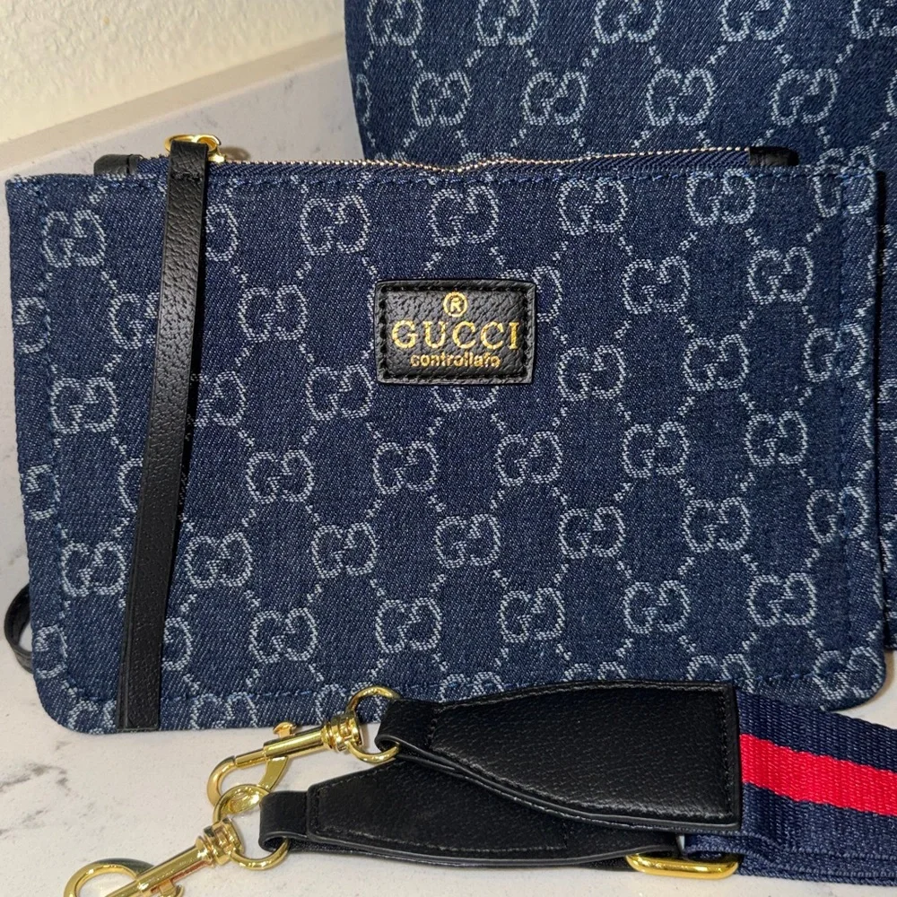 Gucci Blue GG Canvas Tote with Red and Navy Stripe